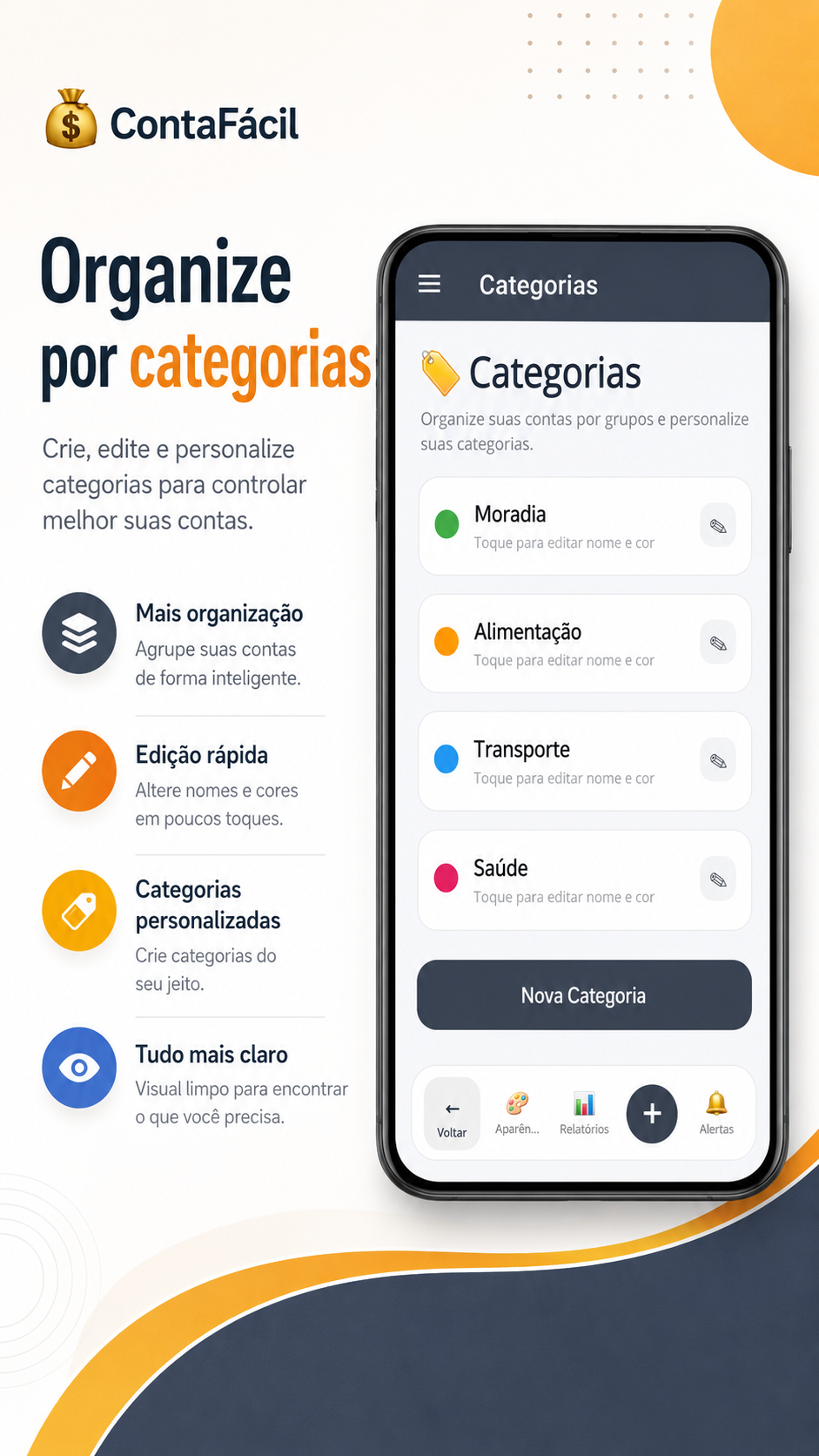 Tela real de categorias do ContaFácil