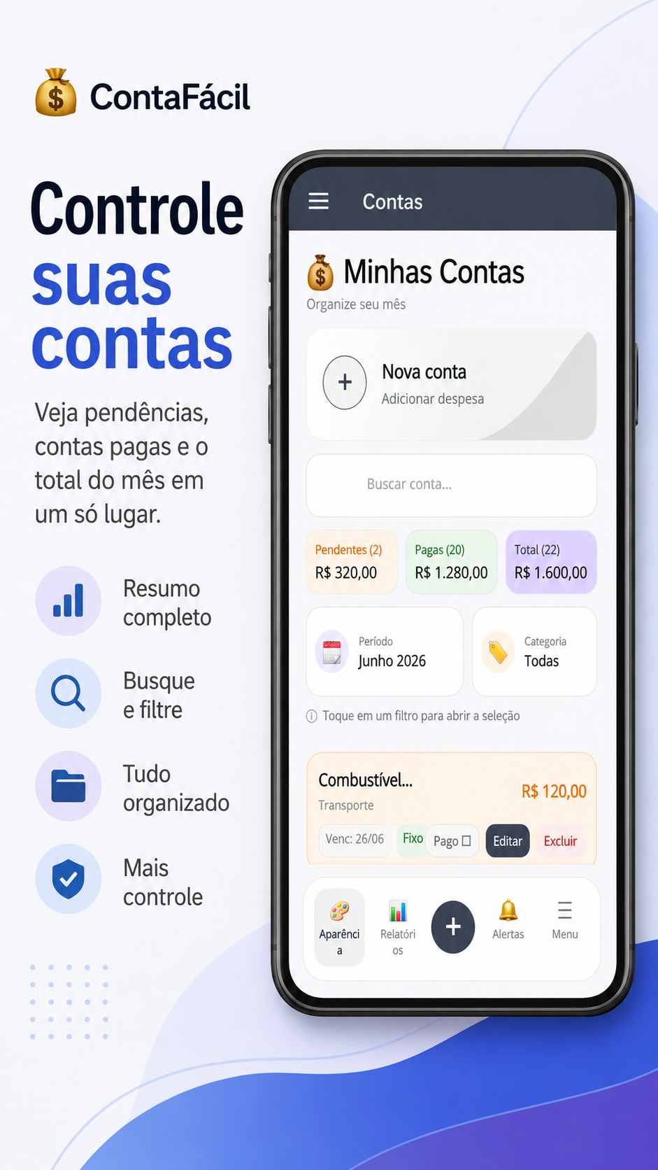 Tela real do ContaFácil mostrando lista de contas